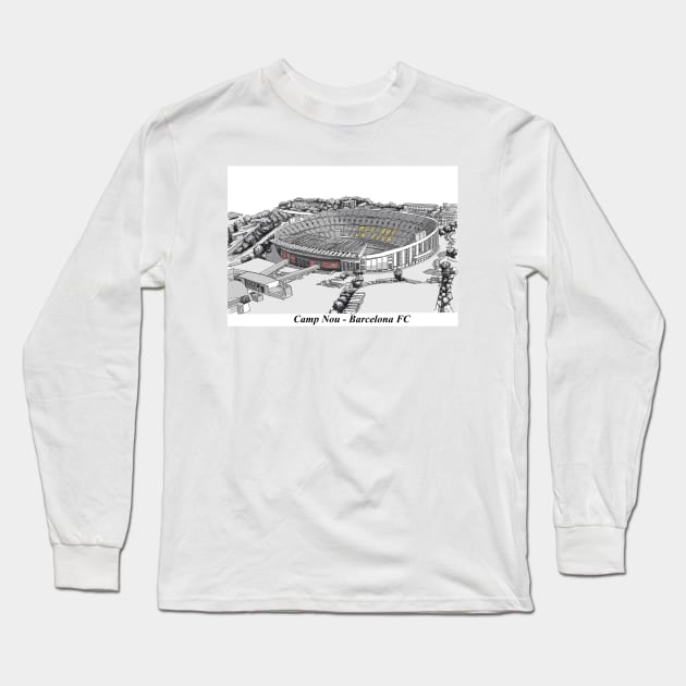 Drawing of Camp Nou Stadium @ Barcelona FC Long Sleeve T-Shirt by Roza@Artpage